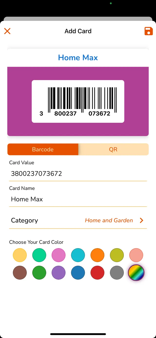 CardBro barcode scanning screen