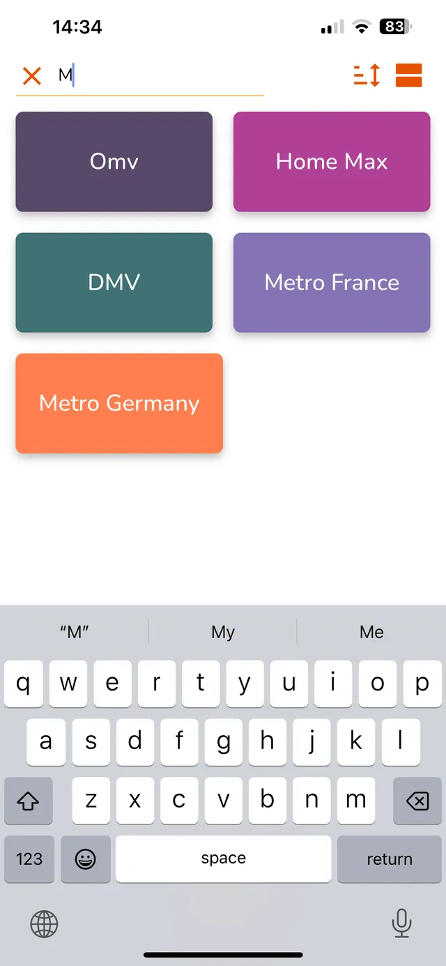 CardBro search and sort screen